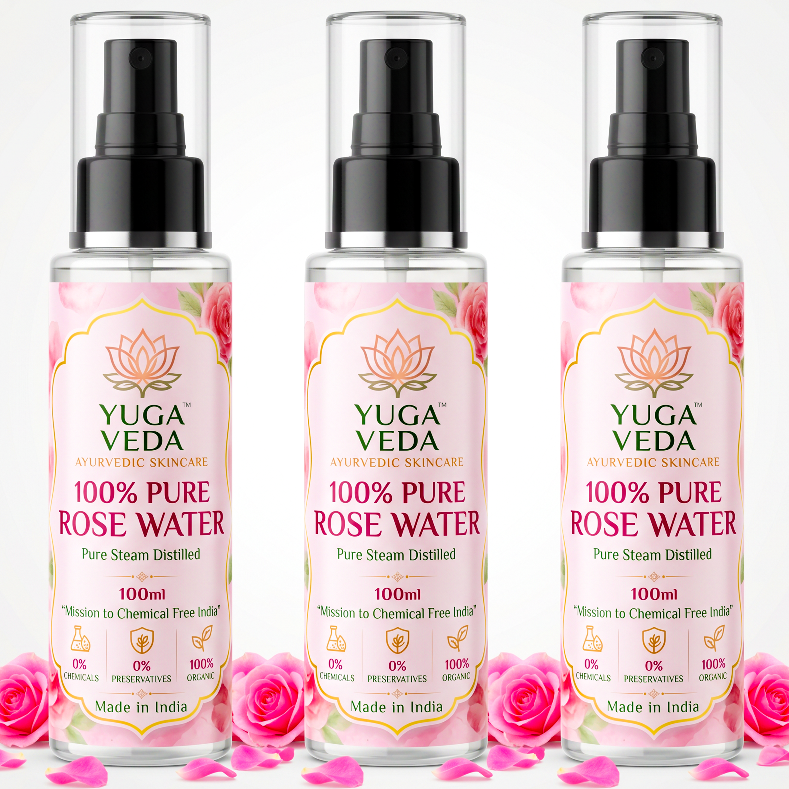 Yuga Veda Ayurvedic Premium Pure Rose Water Spray for Face, Skin & Hair | Steam Distilled | 100 ml x 3 (Pack of 3)