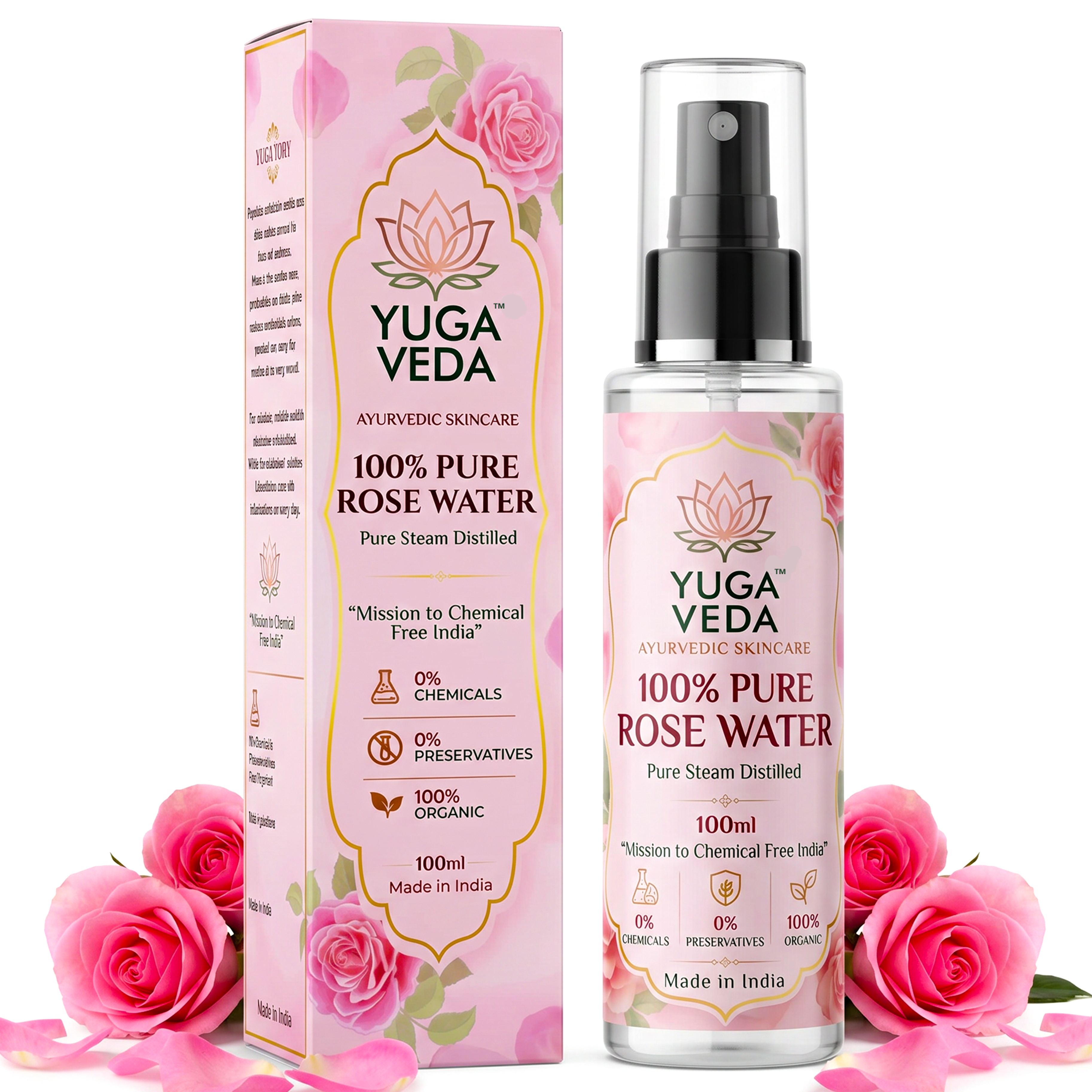 Yuga Veda Ayurvedic Premium Pure Rose Water Spray for Face, Skin & Hair | Steam Distilled | 100 ml