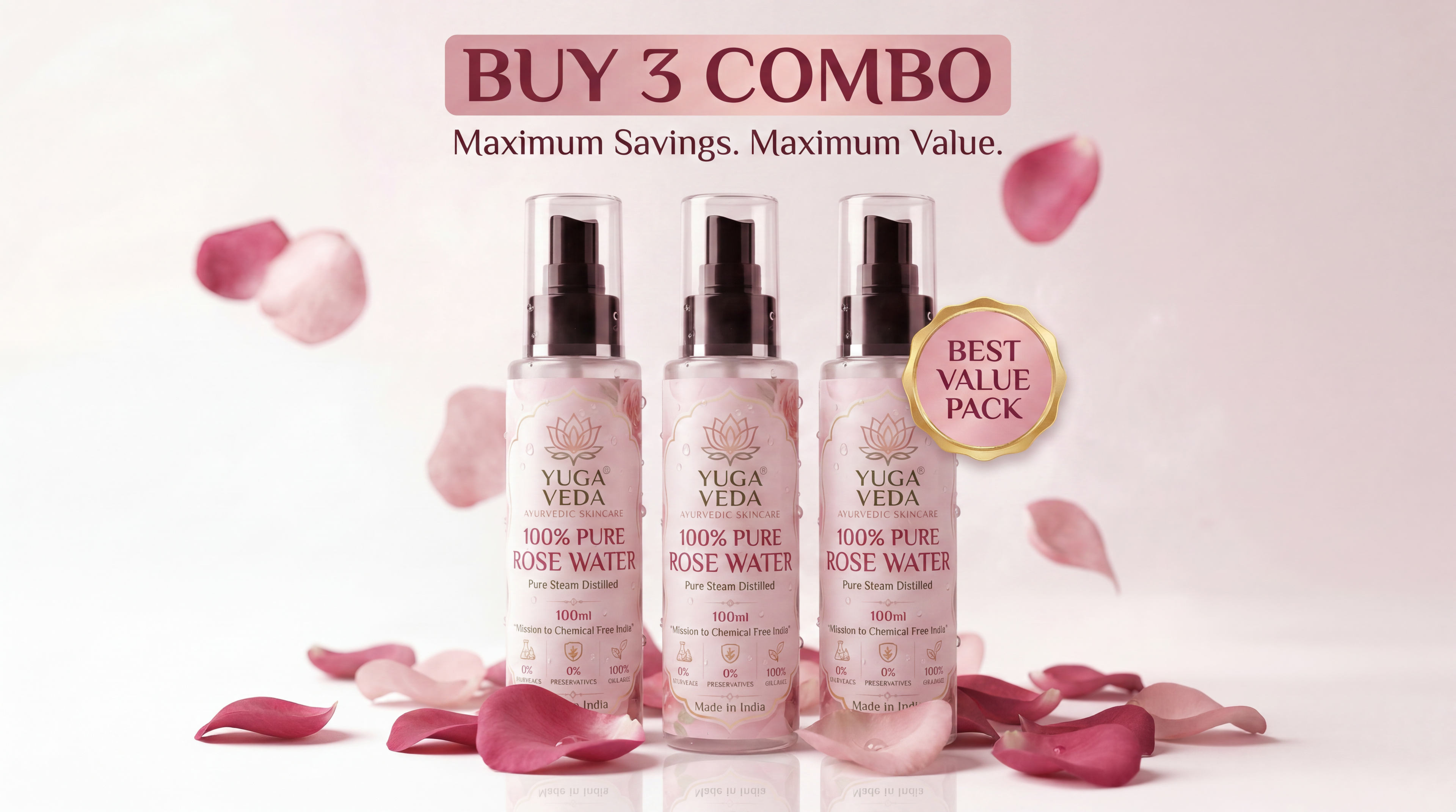 YUGA VEDA 100% Pure Rose Water – Your Daily Glow Guarantee | Buy 3 Combo Pack | 3 x 100ml