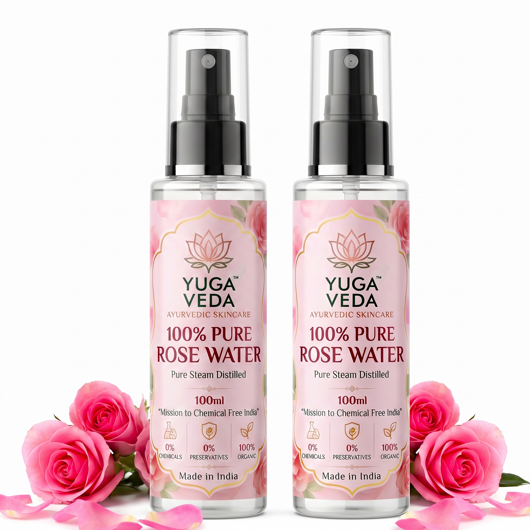 Yuga Veda Ayurvedic Premium Pure Rose Water Spray for Face, Skin & Hair | Steam Distilled | 100 ml x 2 (Pack of 2)