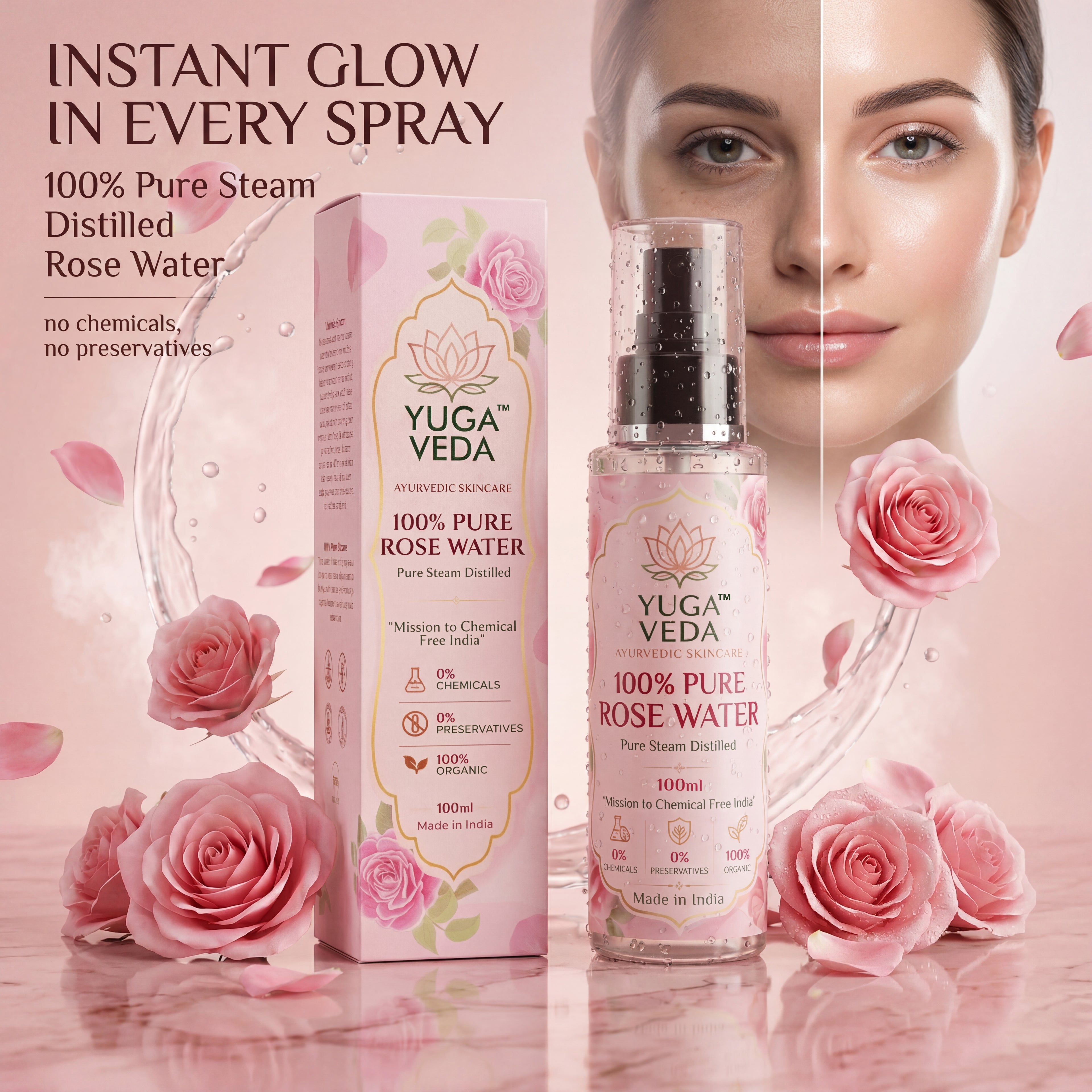 Yuga Veda Ayurvedic Premium Pure Rose Water Spray for Face, Skin & Hair | Steam Distilled | 100 ml x 2 (Pack of 2)